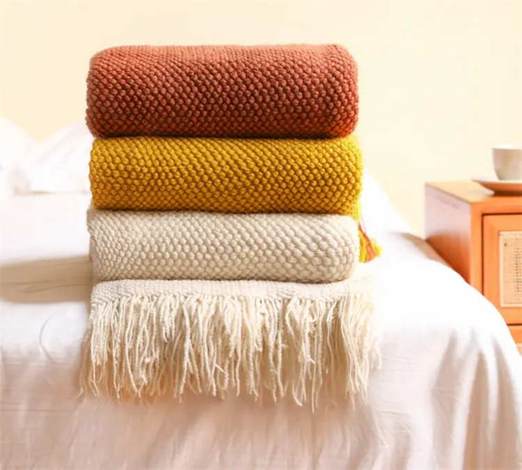 Hot Selling Tassel Couch Cover Knitted Decorative Blankets Soft Sofa Throw Blanket Textured Solid for Home Decor