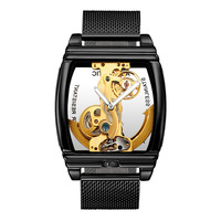 Reloj Mecánico Automático de Lujo para Hombre SHENHUA con Correa Negra de Cuero Genuino y Caja de Acero Inoxidable con Aleación Dorada Transparente
