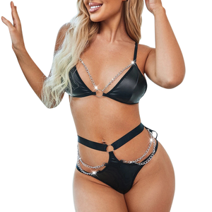 Hot Selling Black PU Exotic Bra Panty Sexy Babydoll Metal Chain <strong>Mature</strong> Women <strong>Latex</strong> Lingerie Leather Lingerie - Product Image 2