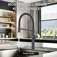 Keran Dapur Tarik Turun Satu Tangan Gaya Modern Desain Komersial yang Dapat Diperpanjang Inti Katup Keramik Baja Tahan Karat Terpasang di Dek