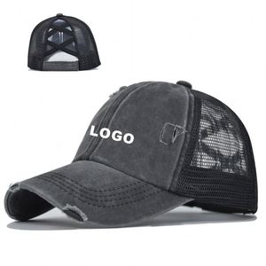 Casquette de baseball en maille classique pour queue de cheval, style camionneur, délavée et vieillie, avec logo personnalisé, à dos croisé, pour printemps-été et extérieur - Product Image 1