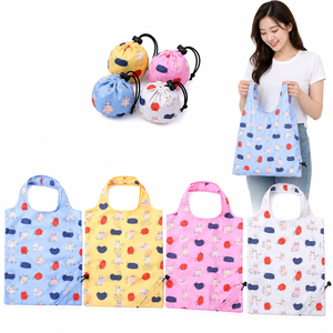 Sacs de courses pliables réutilisables avec imprimé chat mignon, se plient en forme de boule, pochette 8x8cm, légers, sacs d'épicerie écologiques, 5 couleurs, logo personnalisé - Product Image 1