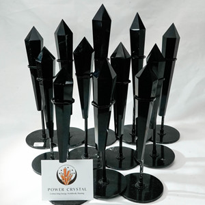 Atacado Natural Black Obsidian Crystal <span class=keywords><strong>Wand</strong></span> com Stand Healing Crystal Point Black Obsidian <span class=keywords><strong>Wand</strong></span> para Energy Healing - Product Image 1