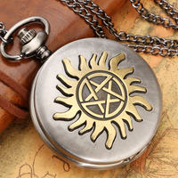 Montre de poche vintage à quartz gris avec logo pentacle-collier pendentif pentagramme Steampunk pour accessoires cadeaux antiques