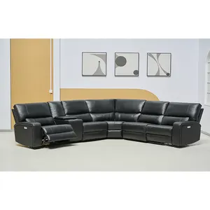 Power Air Leather Black Color Corner Sofa With Backrest Console And USB Cup holder Modern Design Living Room