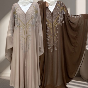 Arab Lightweight Chiffon Butterfly Abaya <b>Long</b> <b>Kaftan</b> with Gold Diamond and White Beads for Party Wedding 6743# - Product Image 3