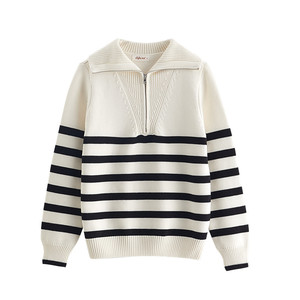 Suéter Polo de moda para <span class=keywords><strong>mujer</strong></span> suéter con cremallera de cuarto 100% algodón a rayas suéter con media cremallera solapa suéter suelto Otoño e Invierno - Product Image 1