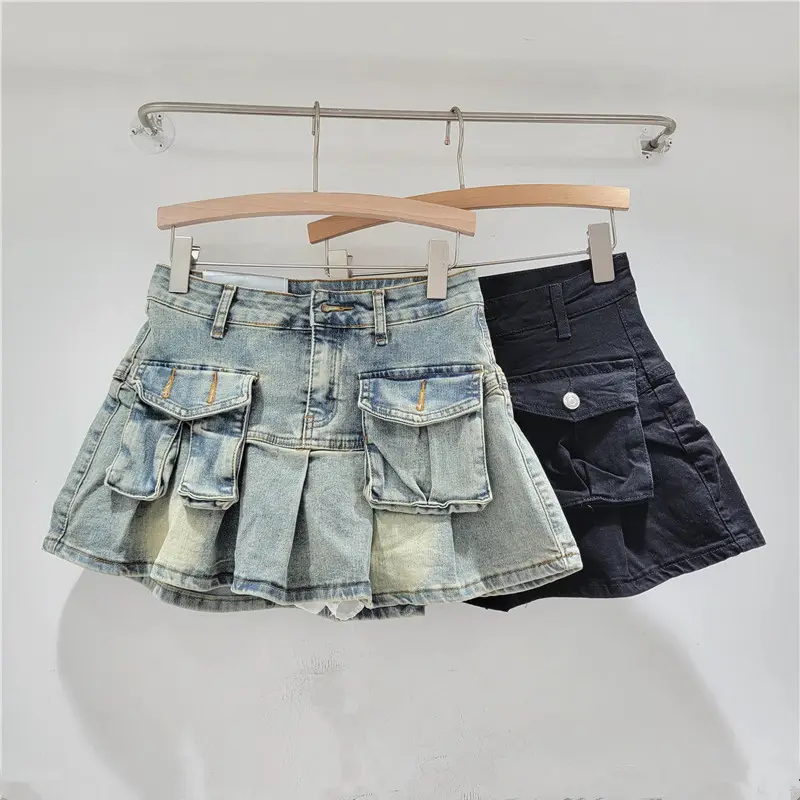 Wholesale summer 2024 ladies popular mini denim jeans trendy women's pleated skirts