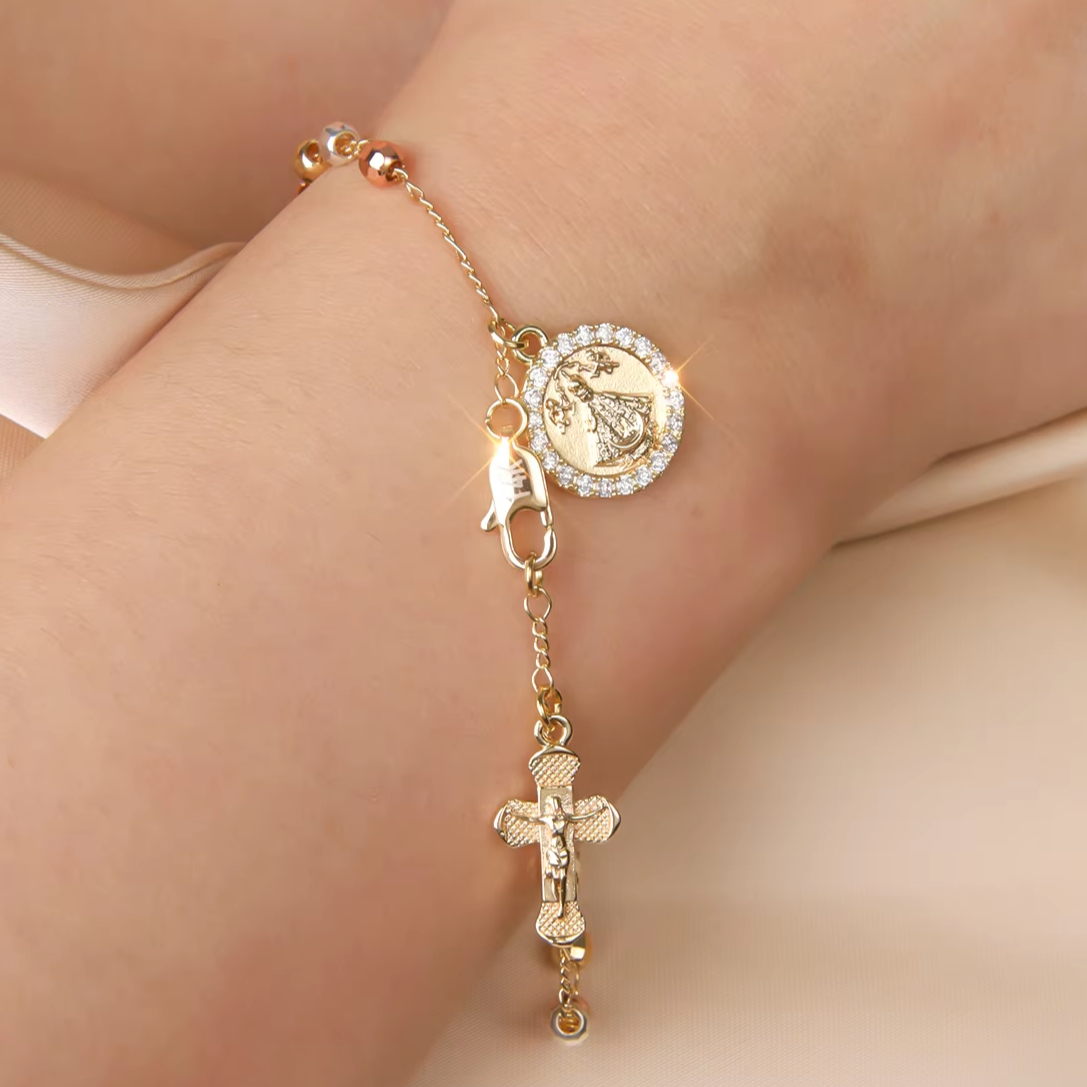 Религиозные украшения Virgen De San Juan циркон крест кулон браслет San Juan 14k позолоченный триколор четки крест браслет
