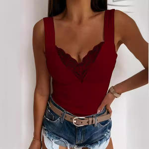 Mujeres verano moda cuello en V tanque Casual Color sólido encaje sin mangas Sexy camisas Slim Tops - Product Image 3