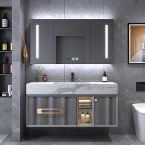 Meuble de salle de bain moderne en ardoise, simple, monobloc, lavabo en bois massif, style luxe léger, salle de bain intelligente haut de gamme - Product Image 1