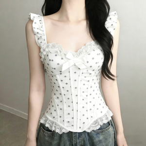 Débardeur Femme Y2K à Pois Doux avec Dentelle et Patchwork, Détail Nœud, Coupe Ajustée, Taille Cintrée, Esthétique Mignonne, Camisole - Product Image 1