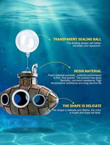 Decorazione Galleggiante per Acquario, Piccolo Sottomarino Retrò Carino con Due Palline Galleggianti - Product Image 2