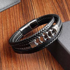 Men's Handcrafted Double-Layer Braided <b>Leather</b> <b>Bracelet</b> Black Cowhide & Stainless Steel - Product Image 2