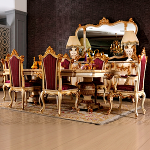 Ensemble de table à manger ronde convertible en bois massif moderne italien, 4 chaises, revêtement en velours rouge, sculpture dorée, meubles faits à la main pour la maison - Product Image 1