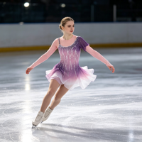 Robe de patinage artistique dégradé violet-rose avec strass et manches longues évasées en maille pour la compétition et les spectacles des adultes et des enfants