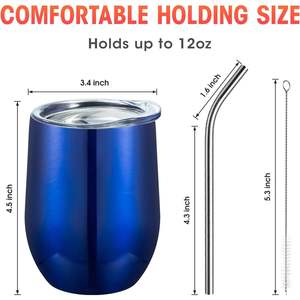 Ensemble de gobelets isothermes en acier inoxydable bleu royal 12 oz avec couvercle et paille – Tasse de voyage réutilisable pour la maison, le bureau et l'extérieur - Product Image 4