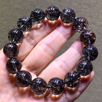 Bracelet extensible de luxe en perles rondes de quartz rutilé noir naturel de qualité collectionnable, bracelets rares en quartz cheveux noirs