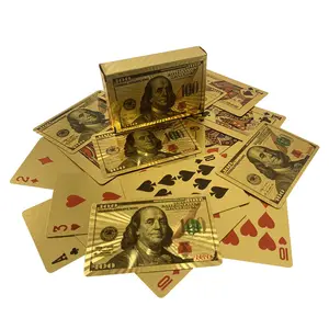 Cartas de jogo de poker laminadas com ouro 24k, cartas personalizadas do dólar dos eua, promoção