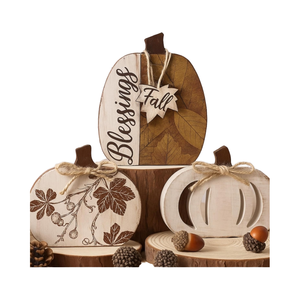 ของตกแต่งฤดูใบไม้ร่วงรูปฟักทองไม้สามชิ้นแบบแขวน สไตล์คลาสสิกสำหรับบ้านไร่ พิมพ์ดิจิทัลด้วยเทคนิค Letterpress สำหรับวันขอบคุณพระเจ้า - Product Image 4
