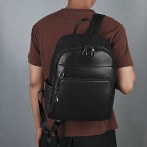 Men's Top Grain Cowhide <b>Backpack</b> <b>Black</b> 36-55L Waterproof Business Travel Casual Solid Color Soft Handle Interior Zipper Pocket - Product Image 2