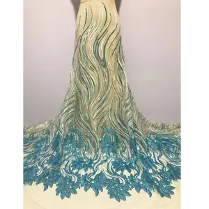 Vestido de cola de Fénix de encaje africano diseño de flores fiesta boda etapa lentejuelas tela de encaje bordado