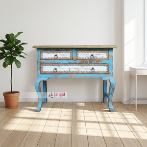 Table console de salon en bois massif style français, avec tiroirs, finitions laiton, artisanale, pour chambre d'hôtel - Product Image 1