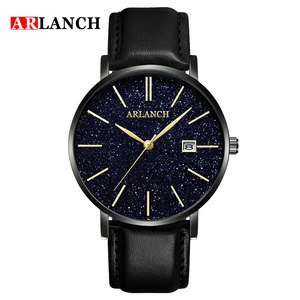 Montre Homme Tendance Unique Nuit Étoilée Aiguilles Dorées Fenêtre Date Bracelet Cuir Idéale Cadeau - Product Image 1