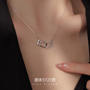 Gioielli di moda 925 argento Sterling carino doppio pesce bacio collana pendente per le donne - Product Image 4