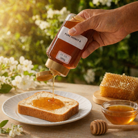 Pot carré en plastique de 360g de miel naturel avec couvercle doré – Miel pur doré pour le thé, le petit-déjeuner, la pâtisserie et la restauration