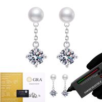 Boucles d'oreilles pendantes tendance en argent sterling 925 avec perle d'eau douce de 6 mm et moissanite taille ronde de 1 carat, certifiées GRA, pour femme