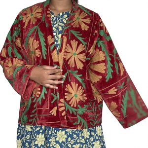 Women's Khushbu Handicraft Rajasthani Embroidered Polyester/Rayon Velvet <b>Mandarin</b> <b>Collar</b> Floral Winter Breathable Varsity <b>Jacket</b> - Product Image 5