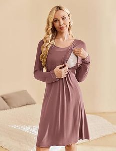 Camisón de Maternidad para Mujer, Vestido de <span class=keywords><strong>Lactancia</strong></span> para Hospital, Vestido de Parto, Pijama de Manga Larga con Botones - Product Image 3