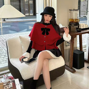 2026春季新款小碎花双层斗篷设计蝴蝶结针织开衫时尚衬衫外套女装 - Product Image 2