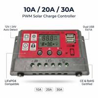Contrôleur de charge solaire PWM avec double port USB pour recharge mobile 10A 20A 30A 12V 24V Écran LCD LiFePO4 Plomb-acide VR Camping-car Vente en gros