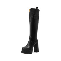 Bottes hautes à plateforme pour femmes, bout carré, talon bloc épais, fermeture éclair latérale, style western cowboy, mode féminine, grandes tailles