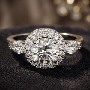 IGI Certified Round Lab Grown Diamond Double Halo Three <b>Stone</b> <b>Ring</b> <b>with</b> Pear Side Stones 10K 14K 18K Gold 925 935 <b>Silver</b> - Product Image 1