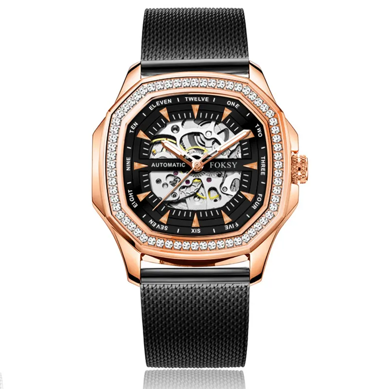 Wholesale Semi Automatic Black Plated Rose Gold watch for men private label at Low MOQ
