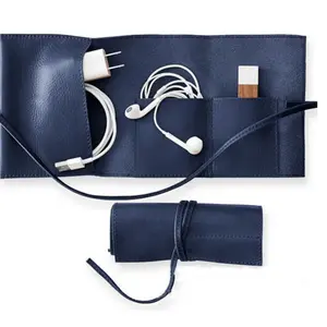 Custom Logo Pu Leather Headphone Data Cable Storage Travel Roll Bag