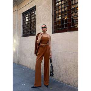 Ensemble veste bustier et pantalon marron pour femme, costume à manches 4 boutons, style élégant - Product Image 2