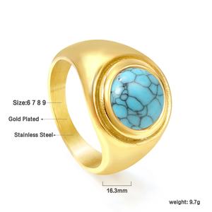 Wholesale Stainless Steel 18K Gold Plated Fashion Jewelry Stone Round Flat <b>Top</b> Pearl Turquoise Camber <b>Finger</b> <b>Rings</b> for Women - Product Image 2