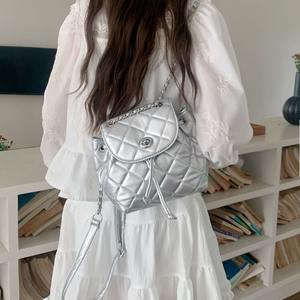 Silver Quilted Women's Backpack Chain Strap <b>Lock</b> Closure Everyday Use Summer 2024 - Product Image 2