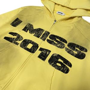 Sudadera con capucha amarilla oversize con cremallera para hombre, diseño desgastado en los hombros con estampado 'I Miss 2016', estilo casual, ODM OEM - Product Image 3