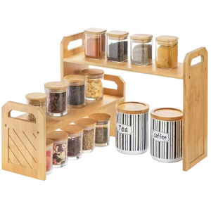 Étagère de rangement de cuisine en bambou à 2 niveaux avec bocaux en verre pour assaisonnements et condiments, organiseur de bureau - Product Image 1