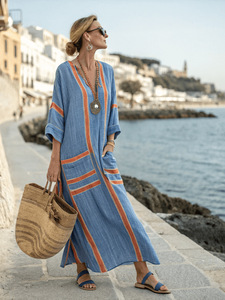 Nouvelle Robe Longue Brodé pour Femme 2026 <span class=keywords><strong>LY</strong></span>, Manches Chauve-Souris, en Coton et Lin de Qualité, Style Décontracté de Plage avec Poche - Product Image 3