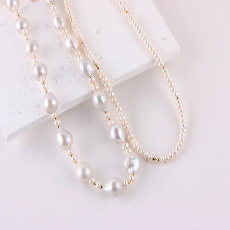 Manufacturer Elegant Big Small White Natural Fresh Water Pearl Beads Choker Clavicle Gold Chain Necklace For Women Jewelry