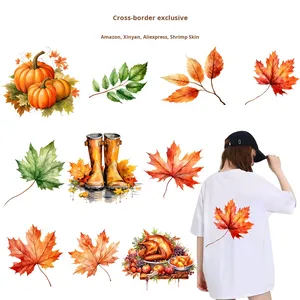 Usine En Gros Exclusif <span class=keywords><strong>Aquarelle</strong></span> <span class=keywords><strong>Automne</strong></span> <span class=keywords><strong>Feuilles</strong></span> Citrouille PET Papier Autocollants De Transfert De Chaleur Haut pour Modèles De Vêtements - Product Image 3