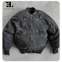 LARSUR Blouson d'aviateur en jean noir personnalisé avec doublure matelassée Veste de vol en jean bouffante Veste de travail moto