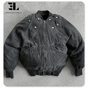 LARSUR Custom distress wash black denim bomber jacket with quilted lined crop flight denim puffer jacket motorcycle work jacket