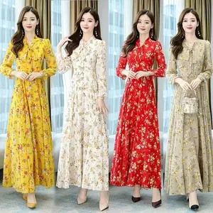 Mulheres Chiffon Vestido Casual Amarelo Floral 2023 Primavera Manga Longa Praia Roupas Vermelho Elegante Moda Maxi Vestidos Para Evening Prom